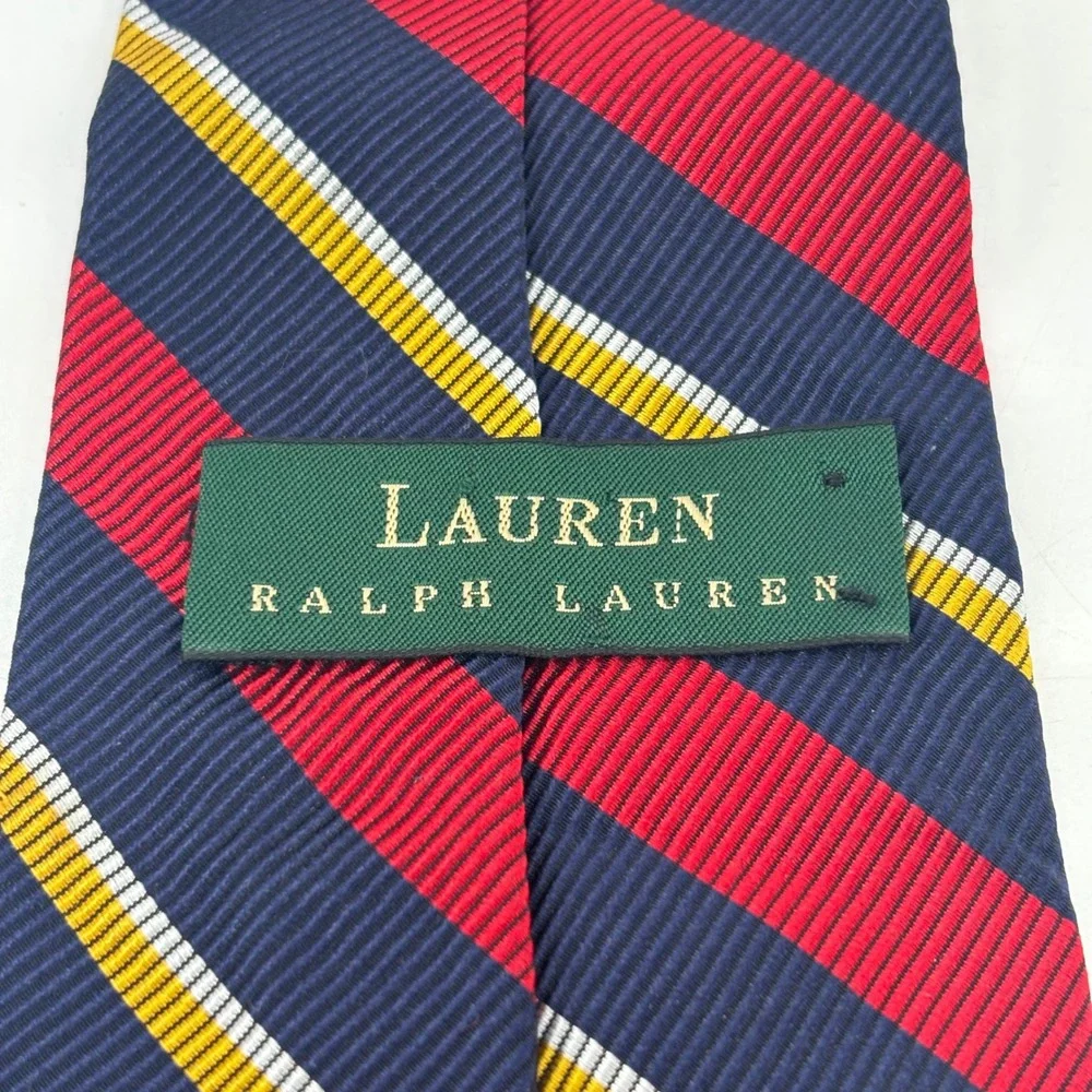 Lauren Ralph Lauren Tie Mens OS Navy Red Gold Silk Cotton Rep Stripe Made in USA